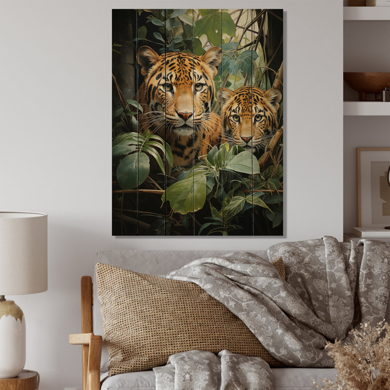 Asian Art Tigers In Jungle VII - reproduction asiatique sur bois de pin naturel, H 32 po x l 24 po x P 0,78 po
