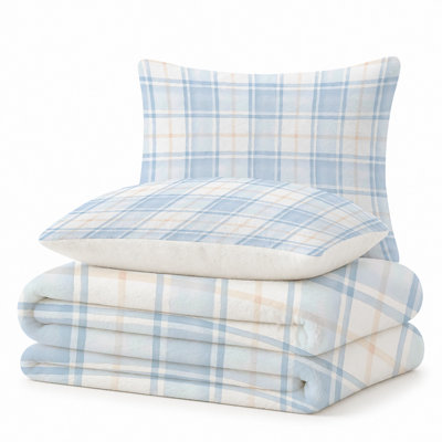 Premium Flannel Lightweight Blanket & 2 Pillow Shams Set with Blue & White Soft Watercolor Pastel Plaid, Ultra-Soft & Warm Cozy Bedding Set for All-Season, 60" x 80" Blanket + 2 Pillowcases Anti-Pilling & Machine Washable(Set of 3)