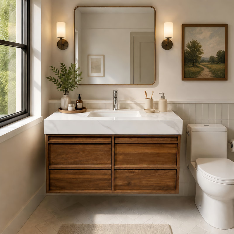 36 Inch Floating Bathroom Vanity with Sink, Solid Wood Wall Mounted Bathroom Cabinet, White Calacatta Quartz Stone Integrated Countertop & Undermount Sink, Modern Minimalist Bathroom Storage Vanity Cabinet for Bathroom