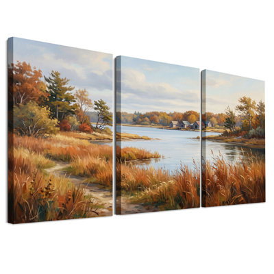 Ensemble de 3 toiles murales représentant un paysage automnal au bord d'une rivière, avec des cabanes à bateaux et des herbes de marais.