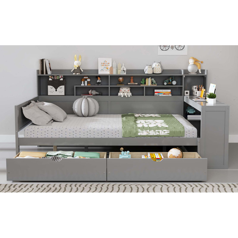 Lit de jour en bois avec tablettes de rangement, lit multifonctionnel avec deux tiroirs de rangement et bureau d'étude