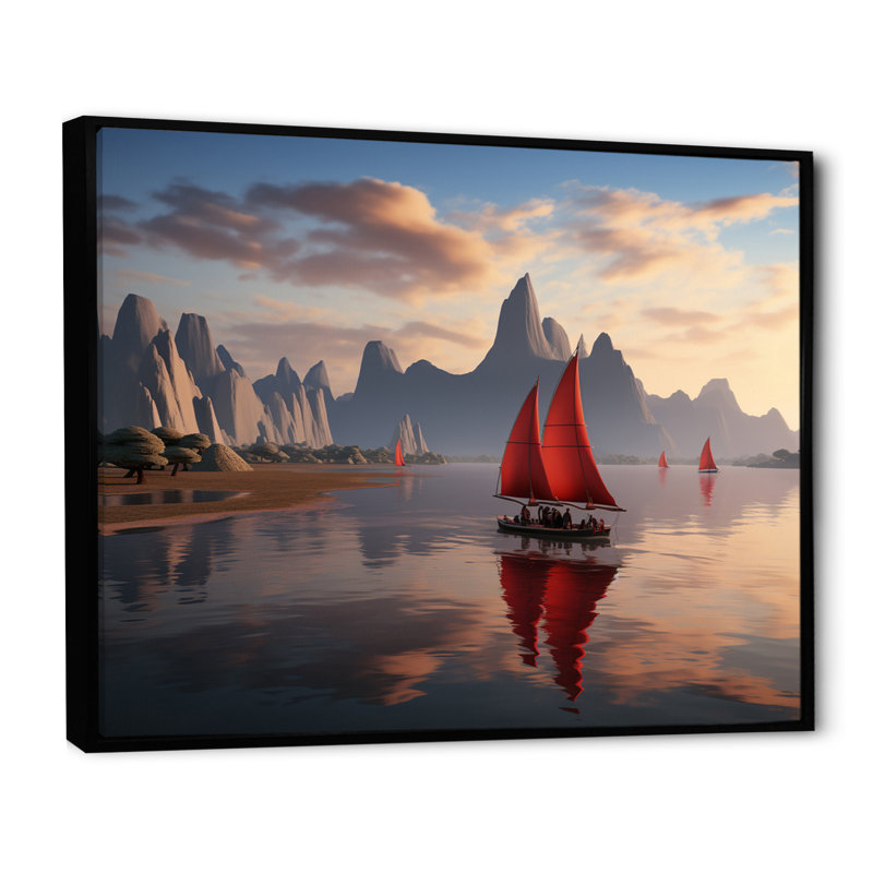 Voilier rouge naviguant dans un coucher de soleil arctique sur toile, H 12 po x l 20 po x P 1 po, Cadre flottant noir