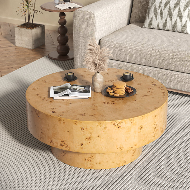 Handcrafted Burl Wood Round Coffee Table with Strudy Pedestal, Mid-Century Modern Solid Wood Coffee Table for Living Room