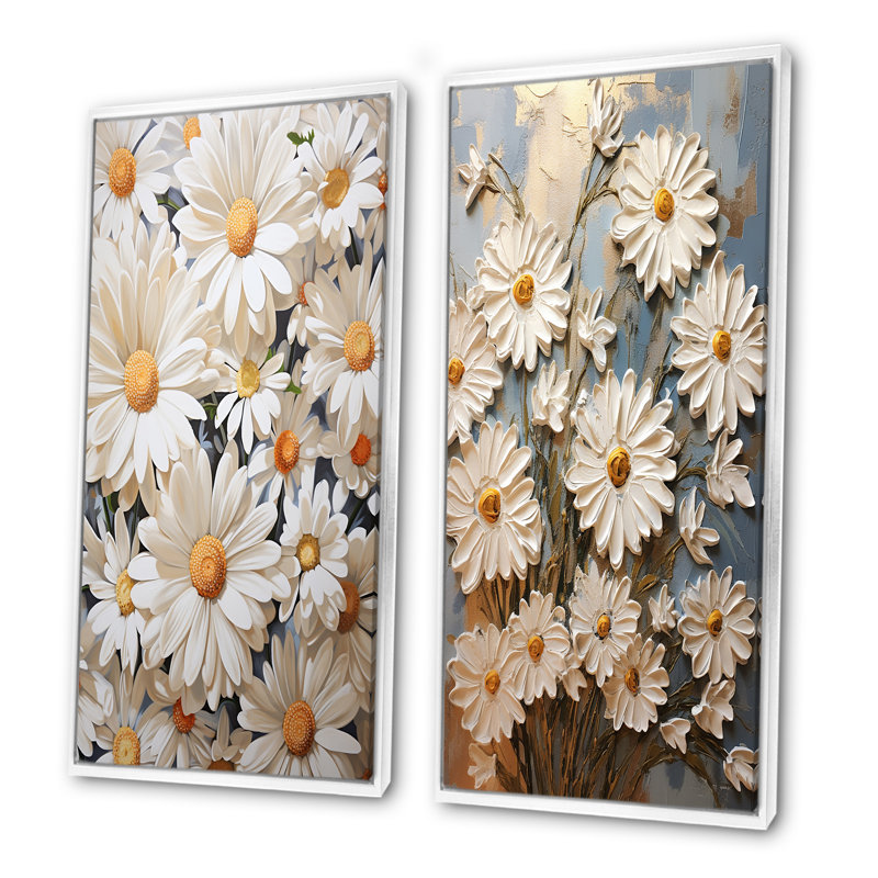 «White Daisy Blooming Elegance - Daisies», ensemble de 2 reproductions d'art sur toile, Cadre blanc, H 28 po x l 25 po