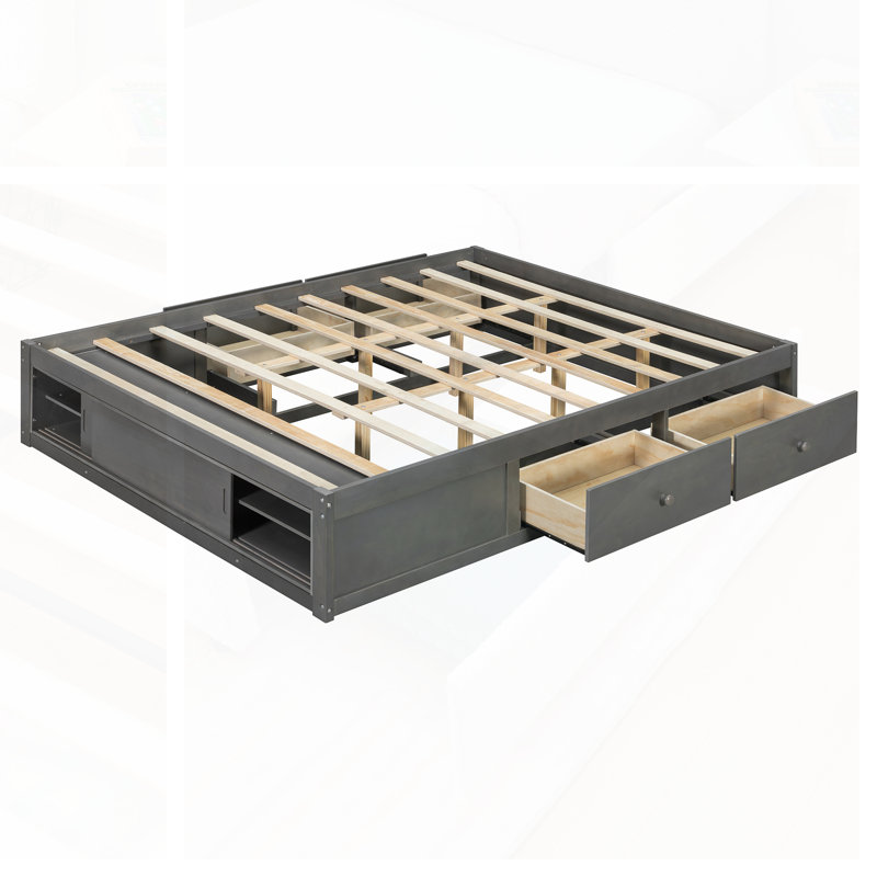 Grand lit plateforme avec 4 tiroirs de rangement; Ensemble de lattes et casier de rangement au pied de lit, sans tête de lit, conception moderne peu encombrante