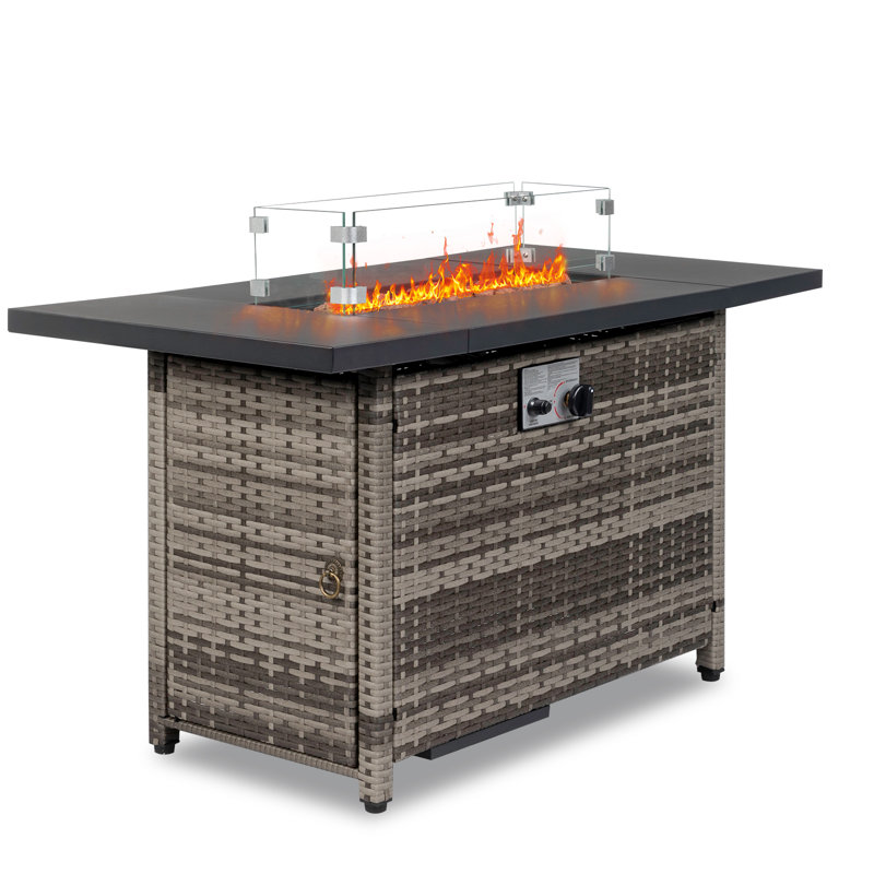 Black Propane Gas Fire Pit Table – Stainless Steel+Wicker With Volcanic Stone, 2-In-1 Outdoor Dining/Coffee Table, Patio/Backyard Party Essential