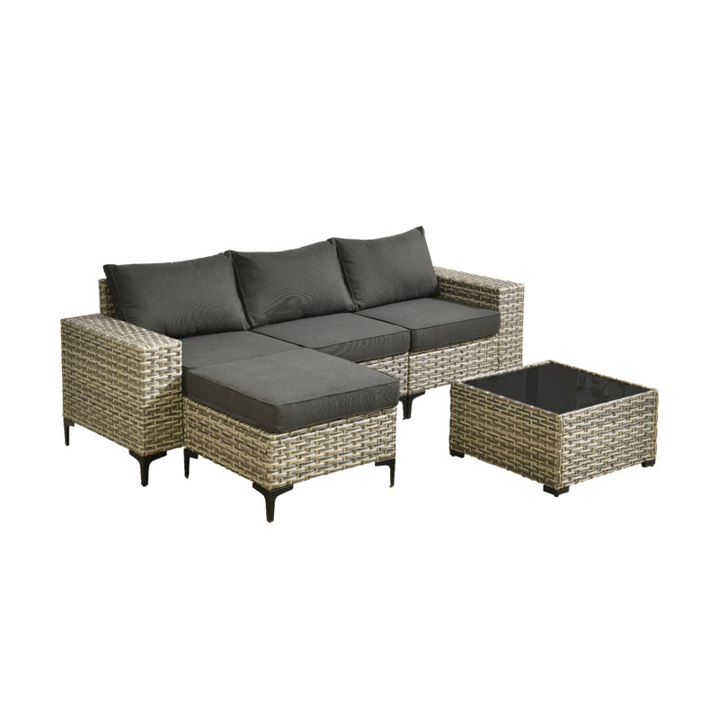 4 Piece Rattan Patio Conversation Set with Cushions, Black, Yes