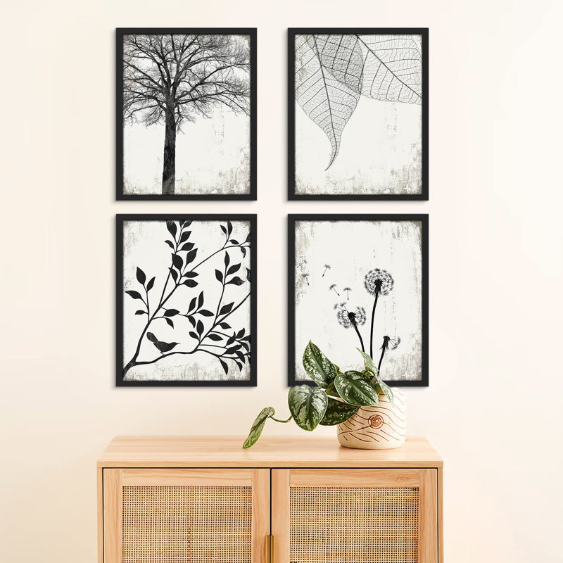 «Black and White Forest Tree Leaf Dandelion», reproduction imprimée sur papier, 4 pièces, H 10 po x l 8 po, Noir