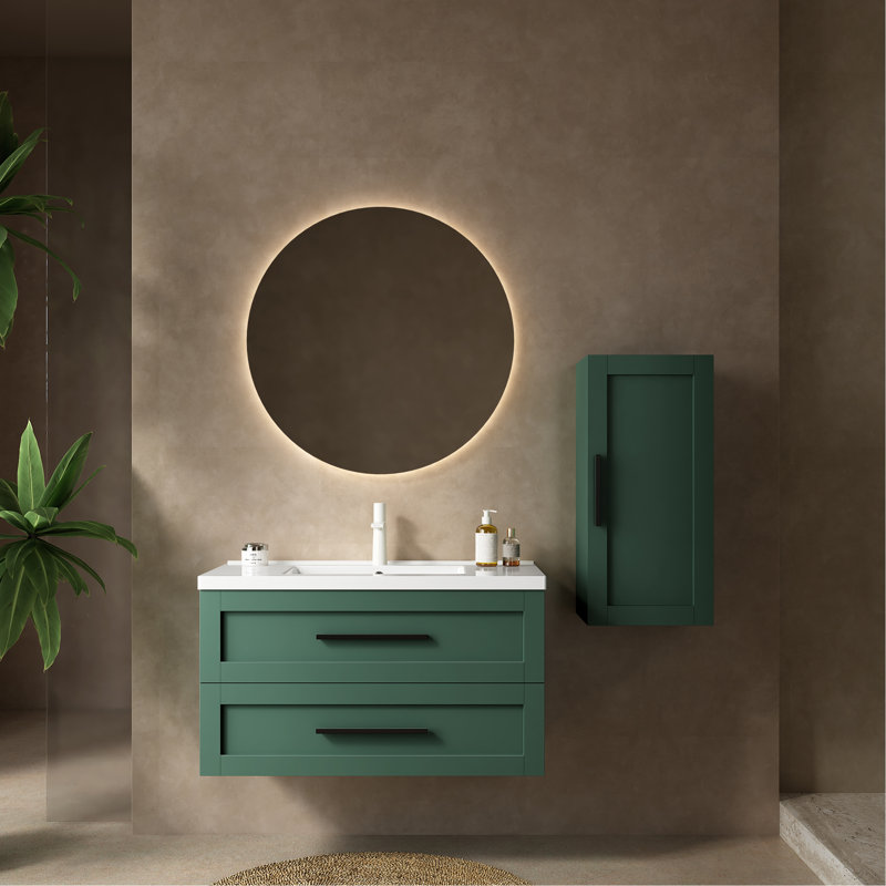 Meuble-lavabo de salle de bain avec lavabo, armoire de rangement flottante murale moderne avec 2 tiroirs (sans armoire latérale), lavabo en céramique blanche sans robinet, vert