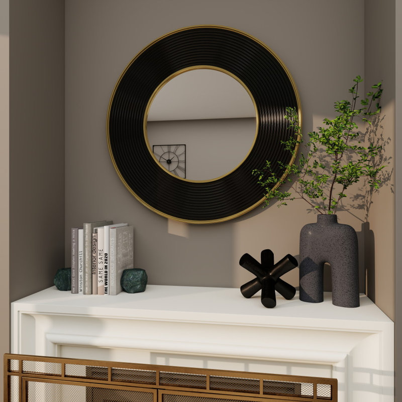 Grand miroir mural en métal doré et noir, 35 po x 35 po