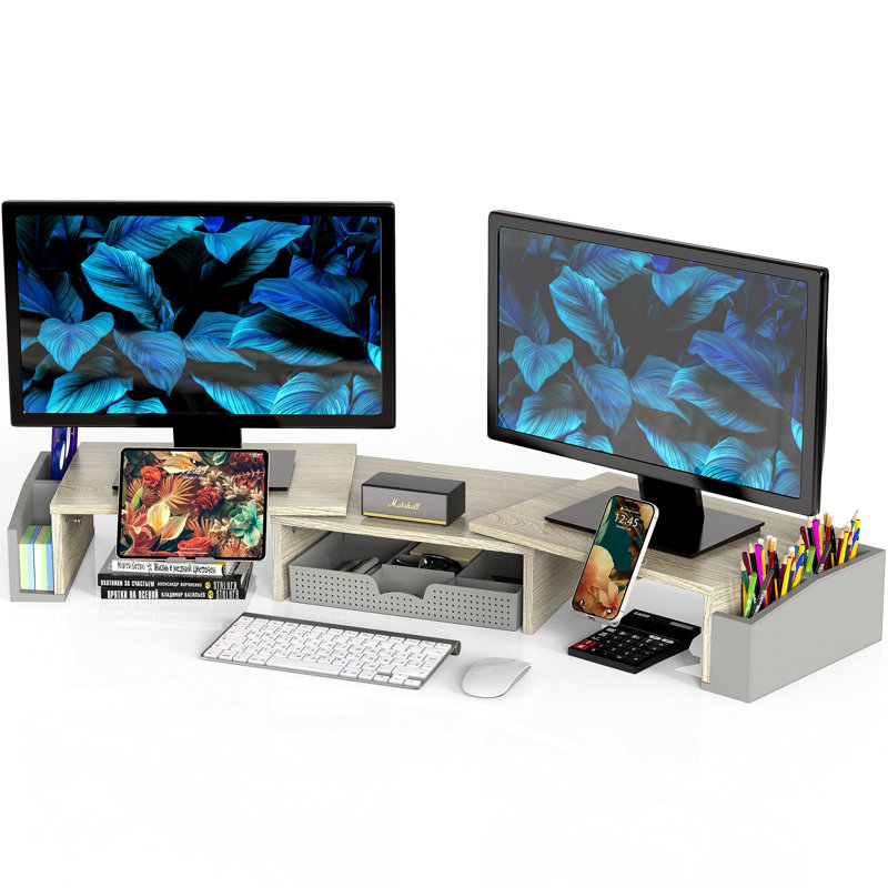 Desk Dual Monitor Stand Riser With Drawer, Maple