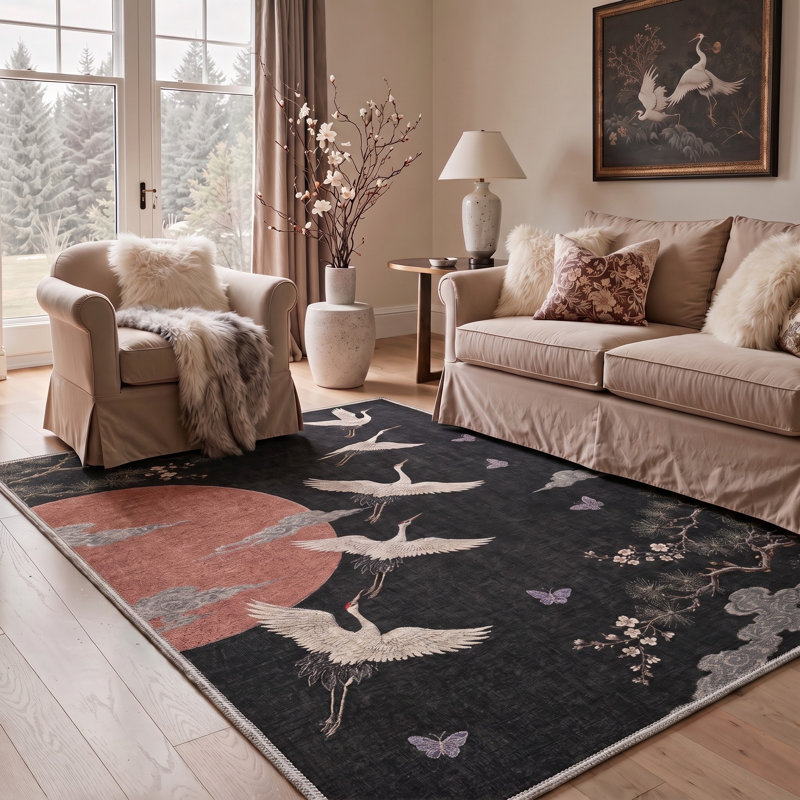 Tapis oriental noir et rouge lavable à la machine avec envers antidérapant, Rectangulaire 8 pi x 10 pi
