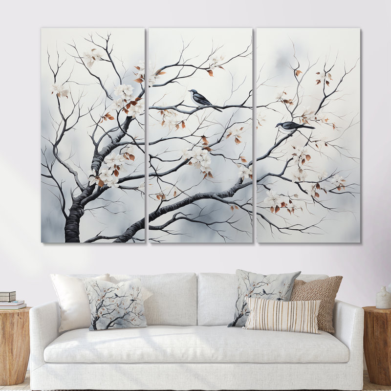 Gris gris, printemps, arbres, oiseaux, art mural, Toile tendue, H 40 po x l 61 po x P 1 po
