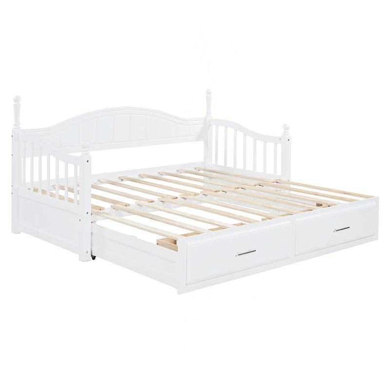 Wooden Twin Size Daybed With Twin Size Trundle, Extendable Daybed With Two Storage Drawers,White, White