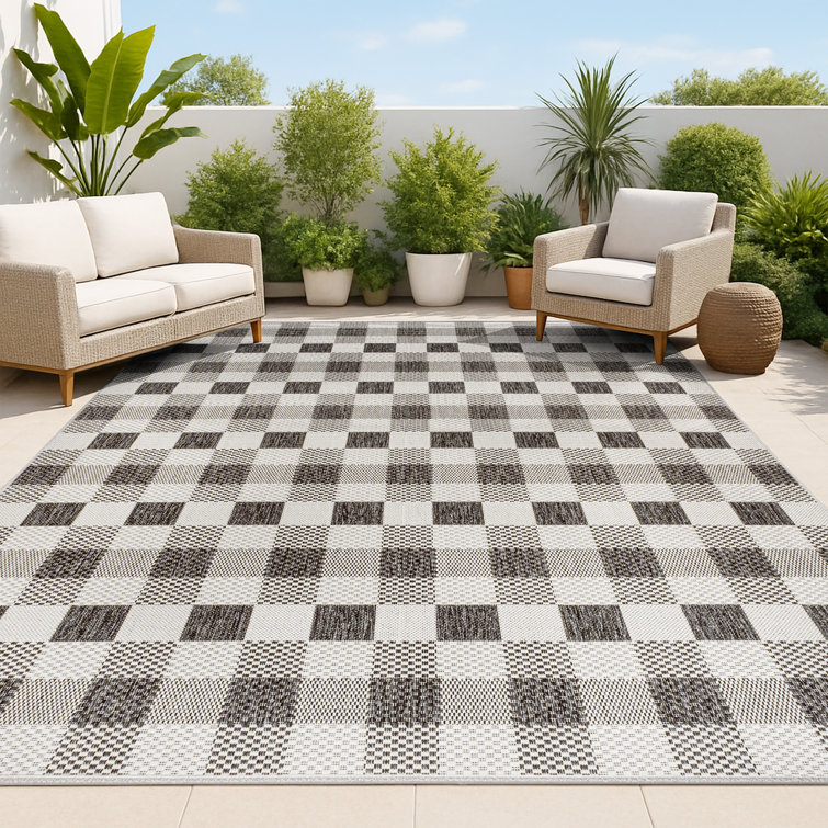 Drora Traditional Geometric Bold Gingham Black/Cream Indoor/Outdoor Rug