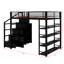 Lit mezzanine double en métal avec tablettes de rangement, armoires et garde-robe spacieuse