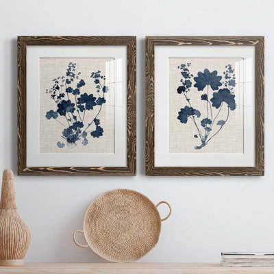 Bleu marine et feuilles de lin II - ensemble de 2 reproductions d'art sur papier encadré