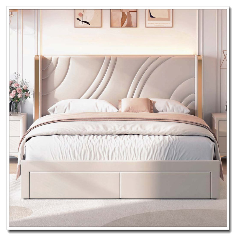 Structure de lit tapissier en velours avec tiroirs de rangement à DEL, Beige, Lit double