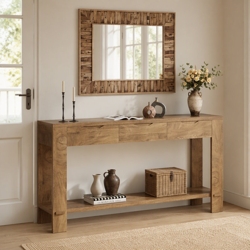 Console de 170 cm avec 3 tiroirs de rangement et une tablette ouverte, table d'entrée étroite de style campagnard en placage de chêne, pouvant supporter jusqu'à 90 kg, idéale pour le salon.