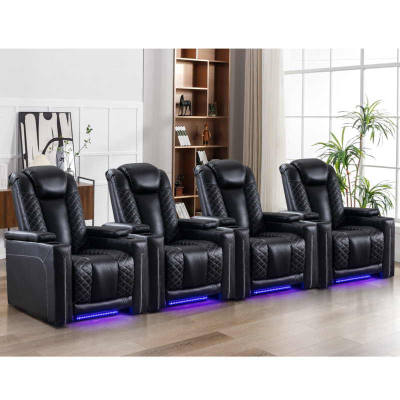 Siège de cinéma inclinable électrique moderne en cuir synthétique de 35,4 po de largeur avec porte-gobelets, Noir
