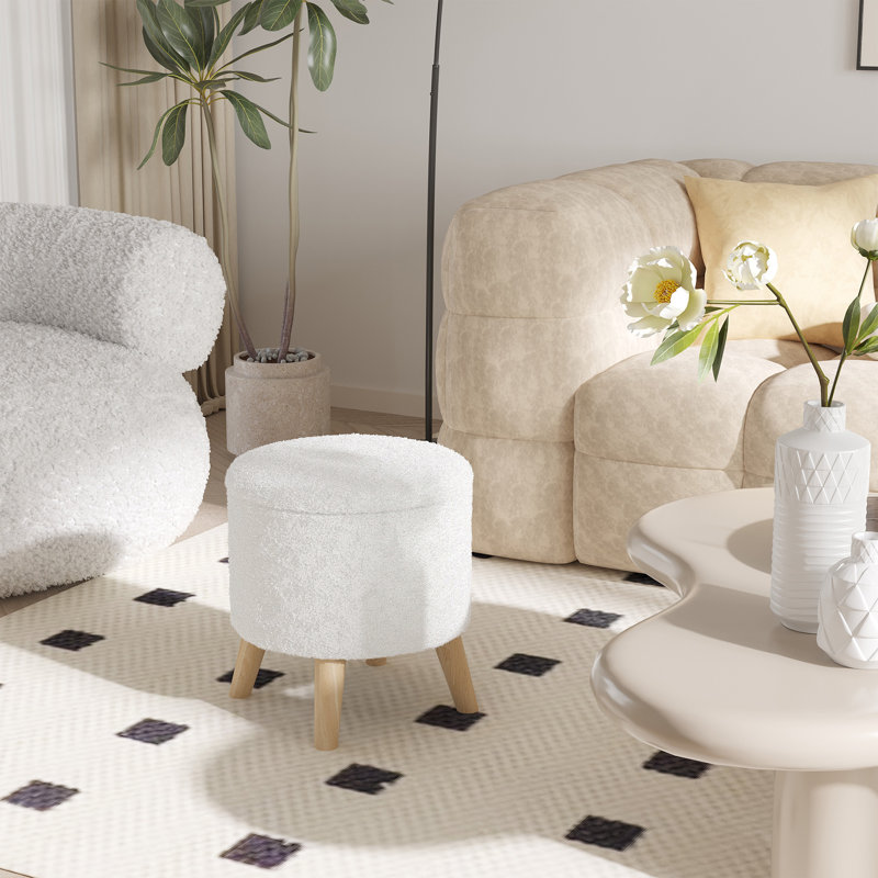 Round Storage Ottoman, Linen Fabric Foot Stool with Removable Top, Padded Seat, Small Foot Rest with Hidden Space and Wooden Legs for Living Room