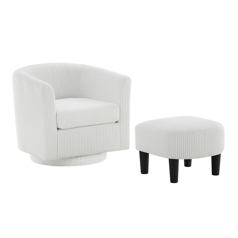 Upholstered Chair With Ottoman, White Fabric
