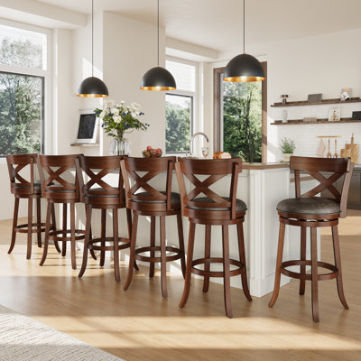 Danazia 30" Traditional Upholstered Faux Leather Swivel Bar Stool with Solid Wood Frame for Kitchen (Set of 6)