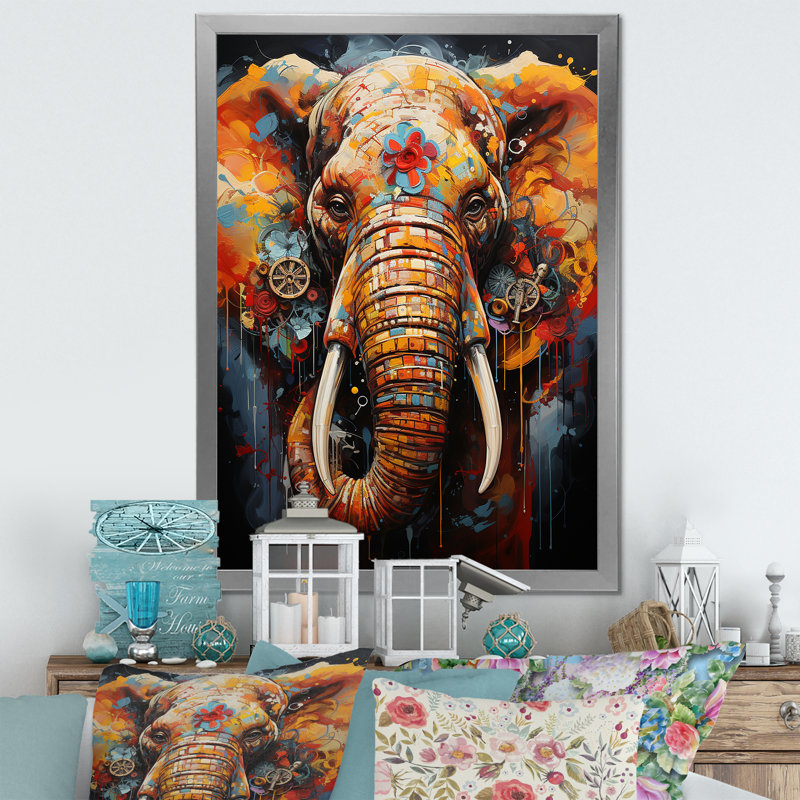 «Urban Graffiti Pachyderms I» sur toile, H 44 po x l 34 po x P 1,5 po, Cadre simple argenté