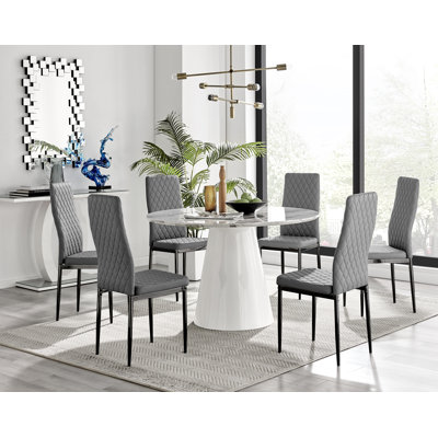 Edward Statement Marble Effect Pedestal Dining Table Set with 6 Faux Leather Upholstered Dining Chairs