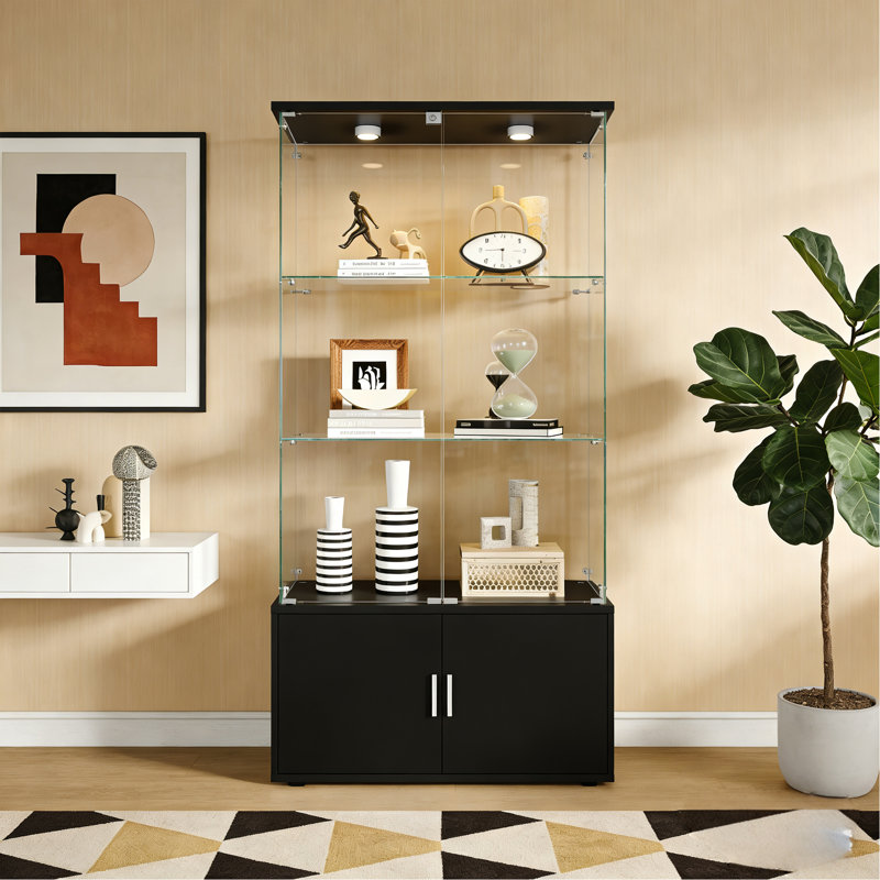 Double-Door Four-Layer Cabinet-Style Storage Cabinet,Display Cabinet,Wine Cabinet,File Cabinet,With Remote-Controlled Paipai Lights,Adjustable Feet, Can Be Placed In The Living Room,Color:Black