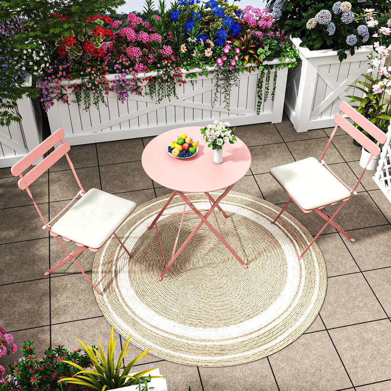 Premium Frame Patio Bistro Set With Seat Cushion, Folding Outdoor Patio Furniture Sets, 3-Piece Patio Set Of Folding Patio Table And Chairs