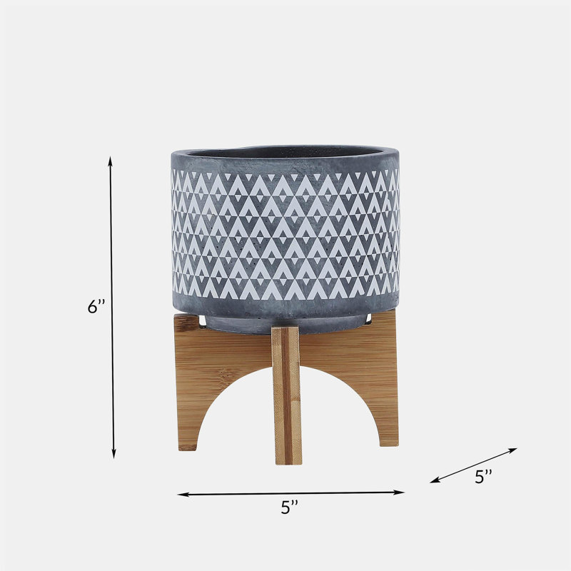 Pot à fleurs aztèque en céramique sur support en bois de 5 po, gris, H 6 pi x l 5 pi x P 5 pi