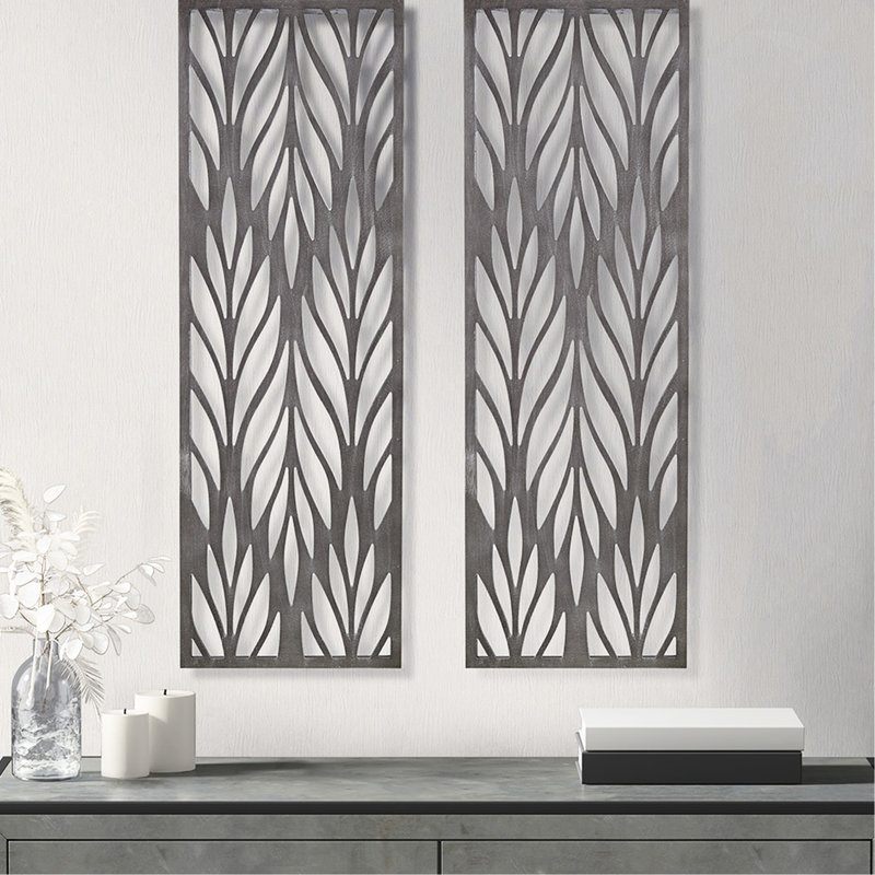2 panneaux d'art mural en bois taillé gris - l 12 po x H 36 po au fini complexe récupéré 4 crochets pour la création de décor de chambre à coucher