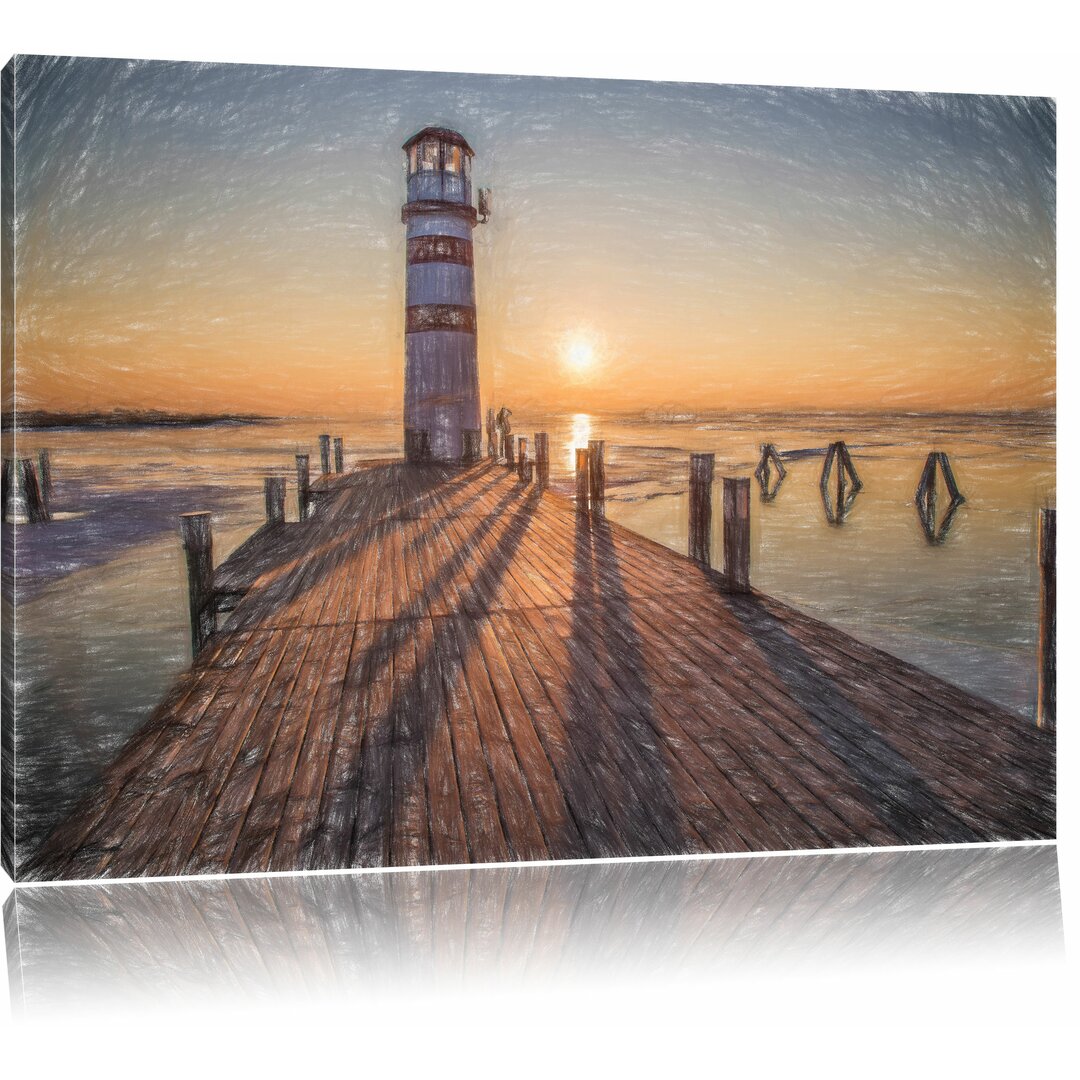 Leinwandbild â€žLeuchtturm am Steg im Sonnenuntergangâ€œ, Grafikdruck