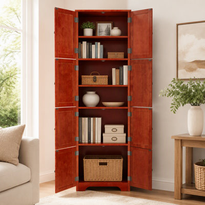 Armoire de rangement haute 72,4 "avec 8 portes et 4 tablettes, bibliothèque, salon, cuisine, salle à manger, armoire de rangement autoportante, cerisier