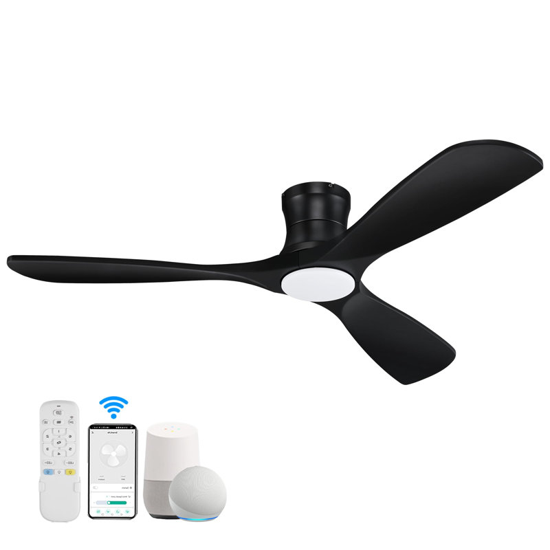 52 Inch Smart Wood Low Profile Ceiling Fan with Lights Remote, Black, Reddish/Brown Wood
