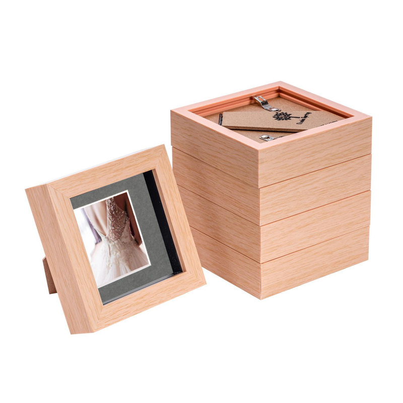 Bevelled Shadow Box Picture Frame with Mat, 12.5cm H x 12.5cm W x 3.5cm D, Light Wood/Black