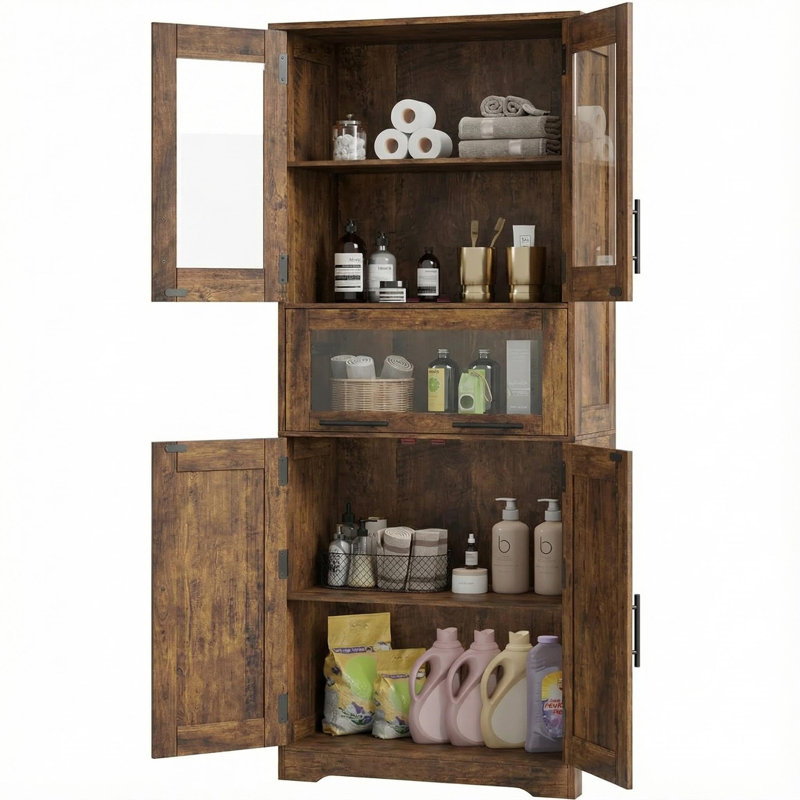 Grande armoire de rangement moderne moderne - double rangée de 67 po à 5 compartiments avec portes en verre et tablettes réglables, résistante à l'humidité et peu encombrante pour la salle de bain, la cuisine, la salle à manger et le salon.