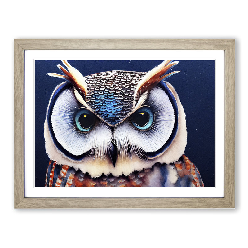 Watercolour Long Eared Owl - Single Picture Frame Print, 46cm H x 64cm W x 2cm D, Oak