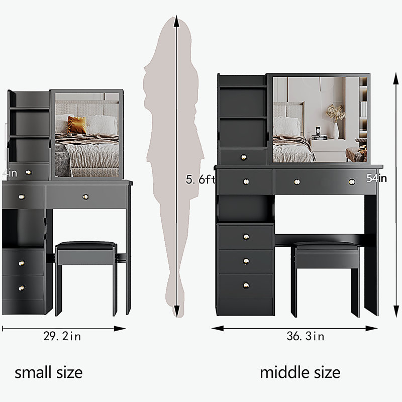Petit meuble-lavabo de 29,2 po avec tiroir à gauche et tabouret rembourré, très grand miroir coulissant à droite, rangement multi-couches à grande capacité, commode pratique et pratique, convient aux petits espaces