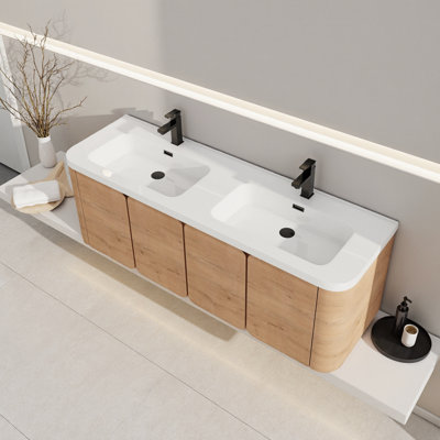 Meuble-lavabo flottant moderne 60 po avec lavabo en résine blanche et portes à fermeture douce, imitation chêne