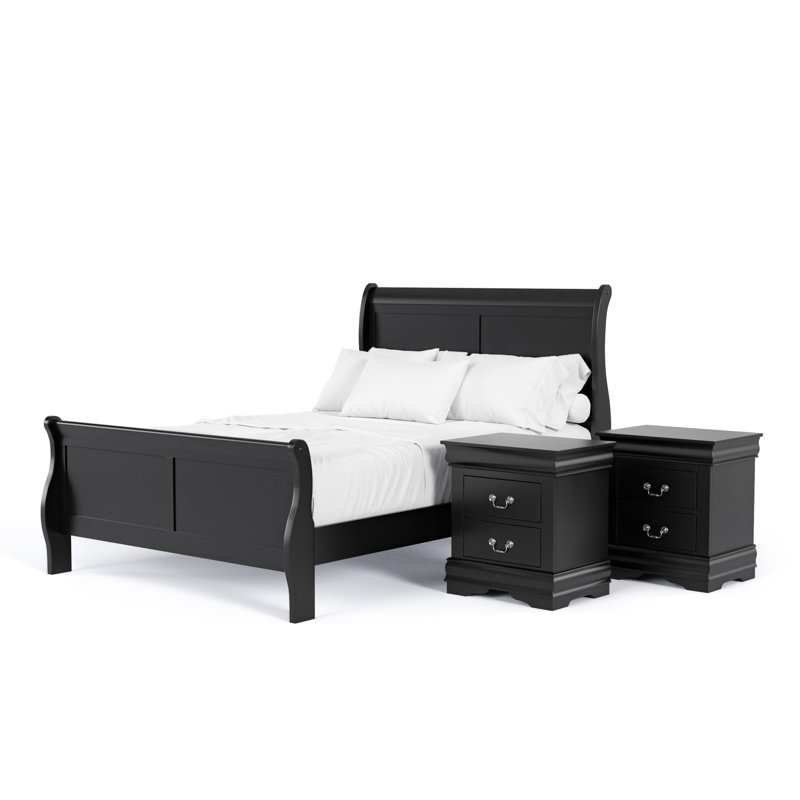 Ensemble de chambre à coucher Emelinda Extula, Noir, Double, Trois pièces : lit, 2 tables de chevet