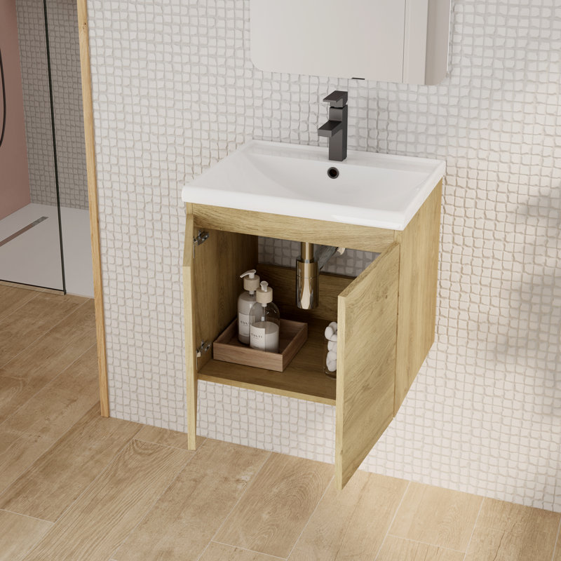 Logan Single Sink Wallmount Bath Vanity With White Ceramic Top, Natural Oak, 20"