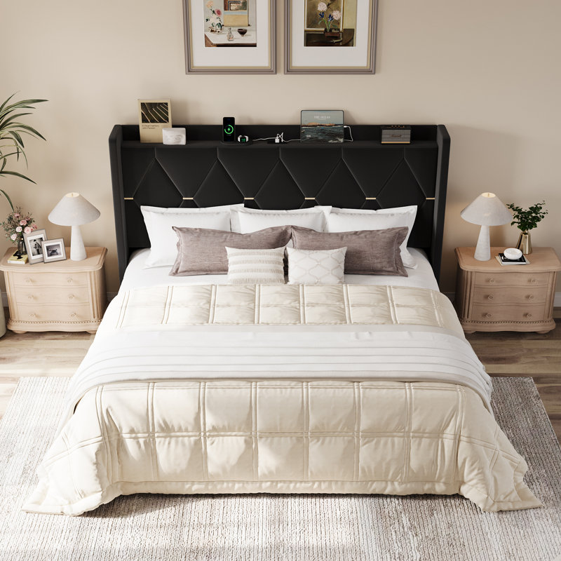 Modern Tufted Velvet Upholstered Bed With Charging Station & Storage Shelf ,No Box Spring Needed, Black, King