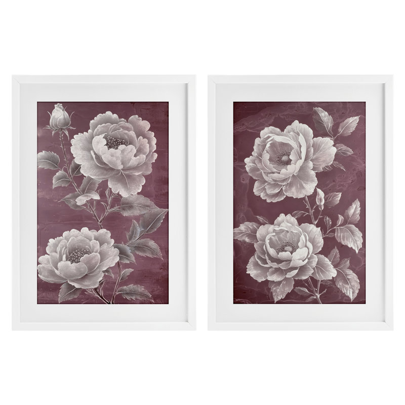 Ensemble de 2 impressions encadrées sous verre bourgogne et fleurs de chambre, design par Annabelle Hall, H 23 po x l 17 po