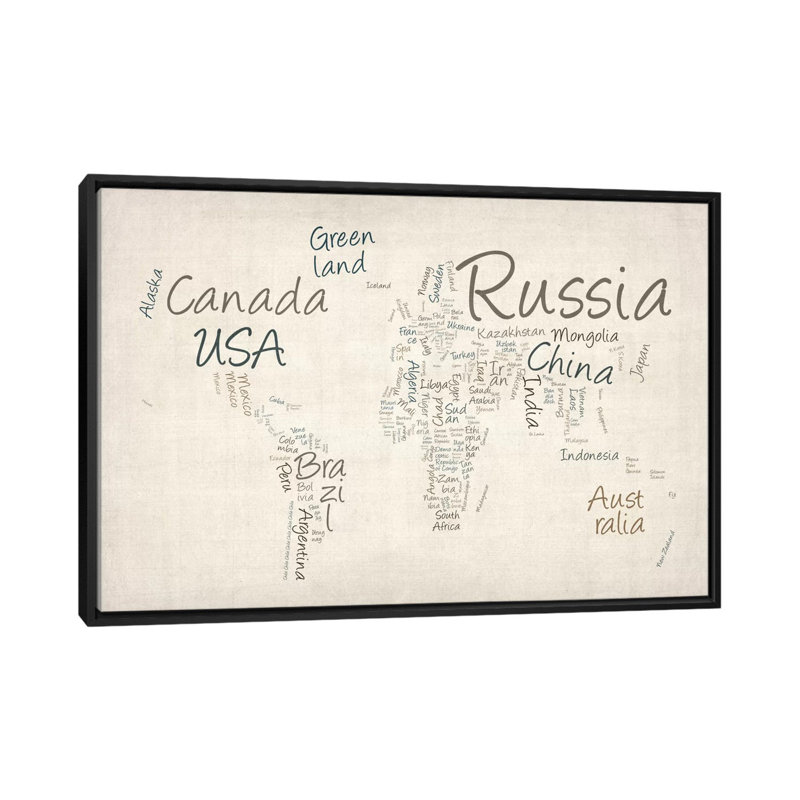 « World Map » par Michael Tompsett, art textuel sur toile, H 18 po x l 26 po x P 1,5 po, Toile avec cadre noir, Pas de tapis