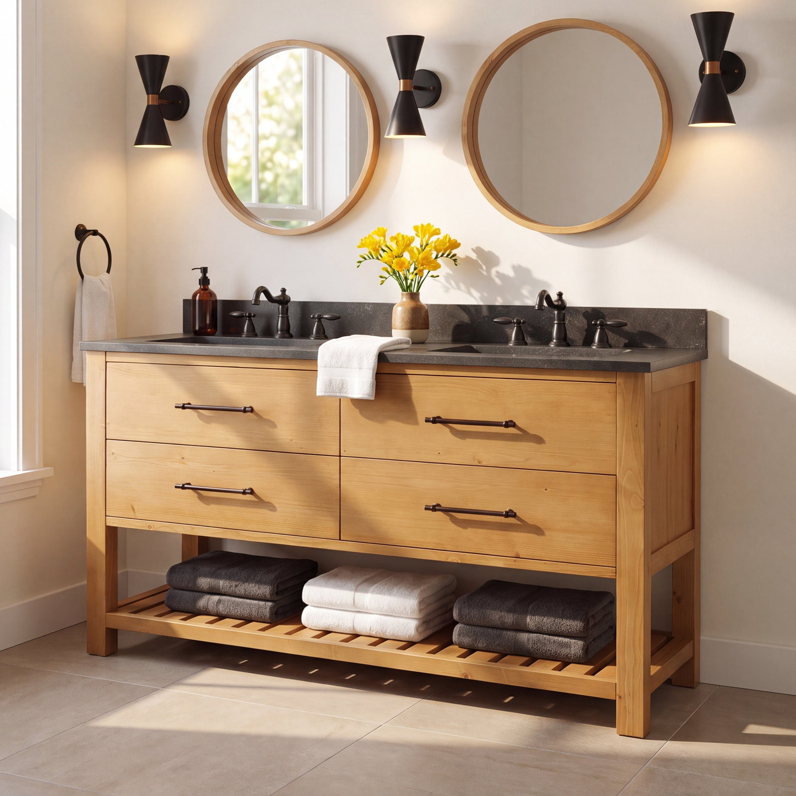 Keri 54'' Double Bathroom Vanity, Natural/Antique Black