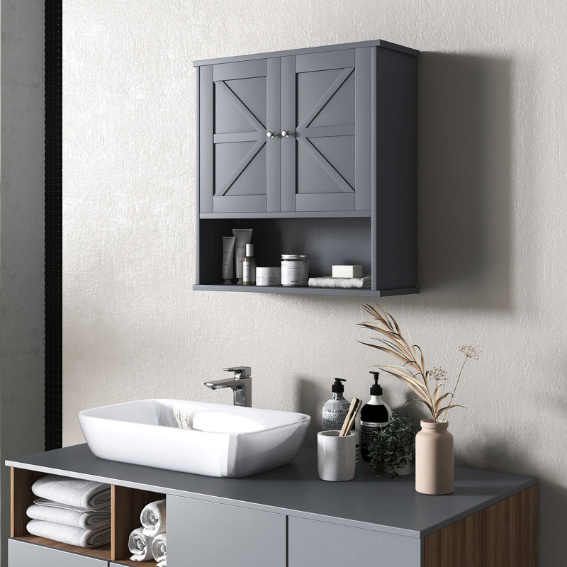Armoire murale grise pour salle de bain avec tablette ouverte et compartiments de rangement réglables pour armoire et compartiment