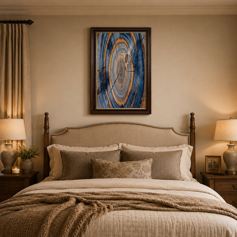 «Blue and Orange Tree Rings Cross Section», art mural, H 12 po x l 18 po