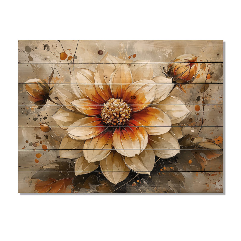 Abstract Orange Dahlia Glow II - Dahlia Wood Wall Decor - On Natural Pine Wood, 30" H x 40" W x 0.78" D